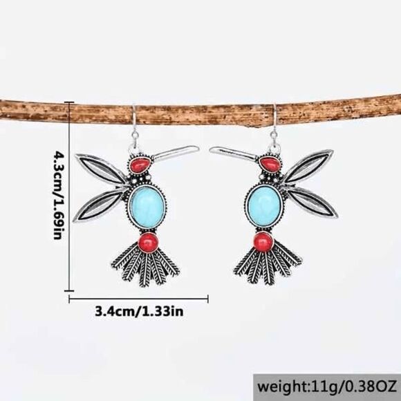 Hummingbird Red Blue Turquoise Dangle Earrings - Picture 5 of 5